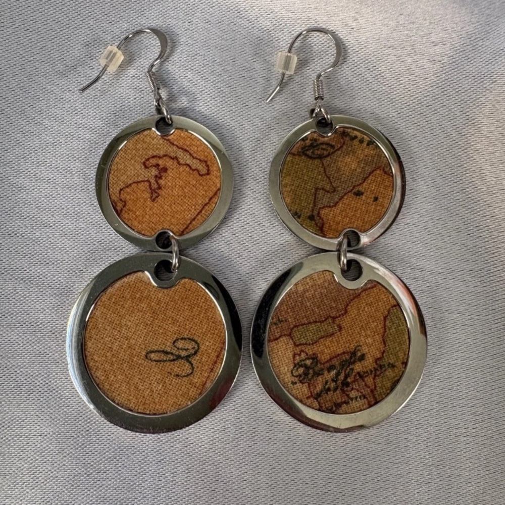 Alviero Martini Round Double-Drop Map Print Dangle Earrings - Brown & Silver! 💥